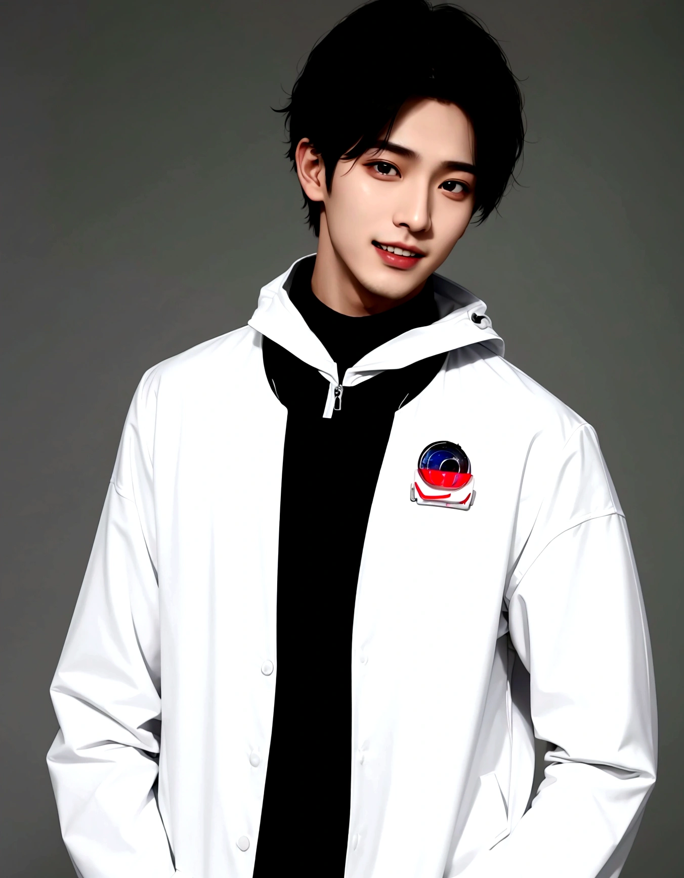 A man laughing with his teeth showing, Arabic style image of a man wearing a white jacket and black tie, wearing space techwear, Profile shot, Cai Xukun, Model is wearing a technical vest, Won Bin Lee, Official product photos, xqc, Official product images, Official photos, Official photo, cyber future jacket, Official store photos, Official Art, Shin Jinyoung, Inspired by Zhang Han