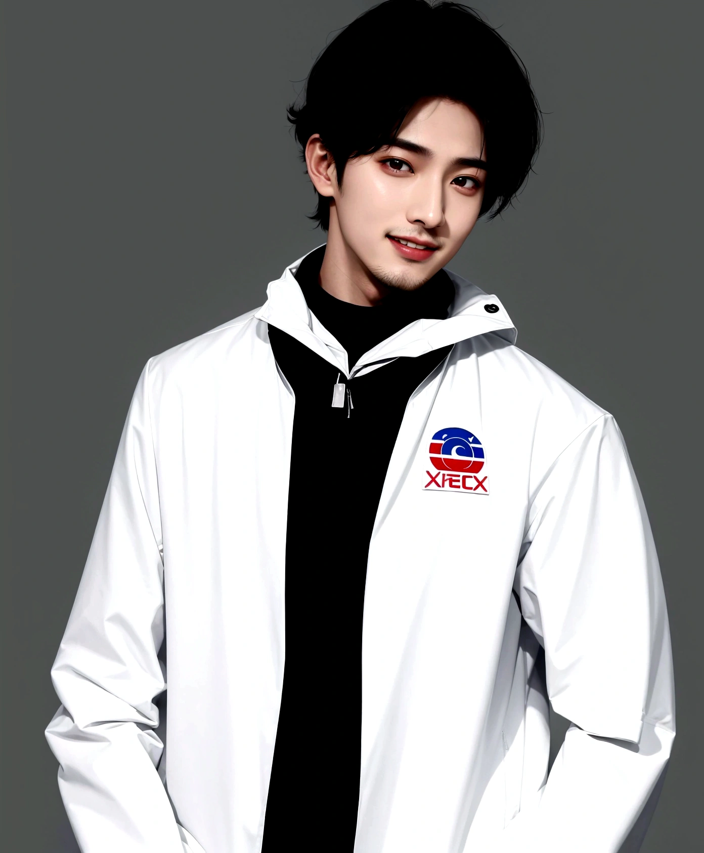 A man laughing with his teeth showing, Arabic style image of a man wearing a white jacket and black tie, wearing space techwear, Profile shot, Cai Xukun, Model is wearing a technical vest, Won Bin Lee, Official product photos, xqc, Official product images, Official photos, Official photo, cyber future jacket, Official store photos, Official Art, Shin Jinyoung, Inspired by Zhang Han
