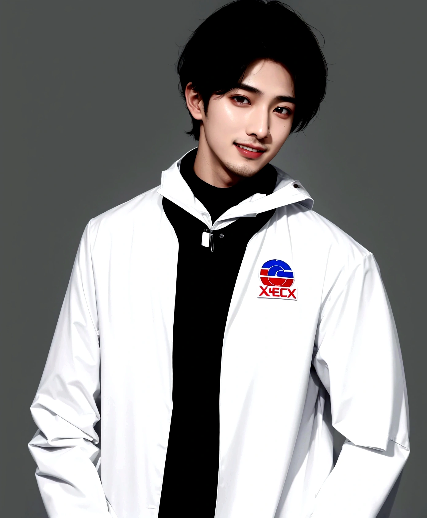 A man laughing with his teeth showing, Arabic style image of a man wearing a white jacket and black tie, wearing space techwear, Profile shot, Cai Xukun, Model is wearing a technical vest, Won Bin Lee, Official product photos, xqc, Official product images, Official photos, Official photo, cyber future jacket, Official store photos, Official Art, Shin Jinyoung, Inspired by Zhang Han