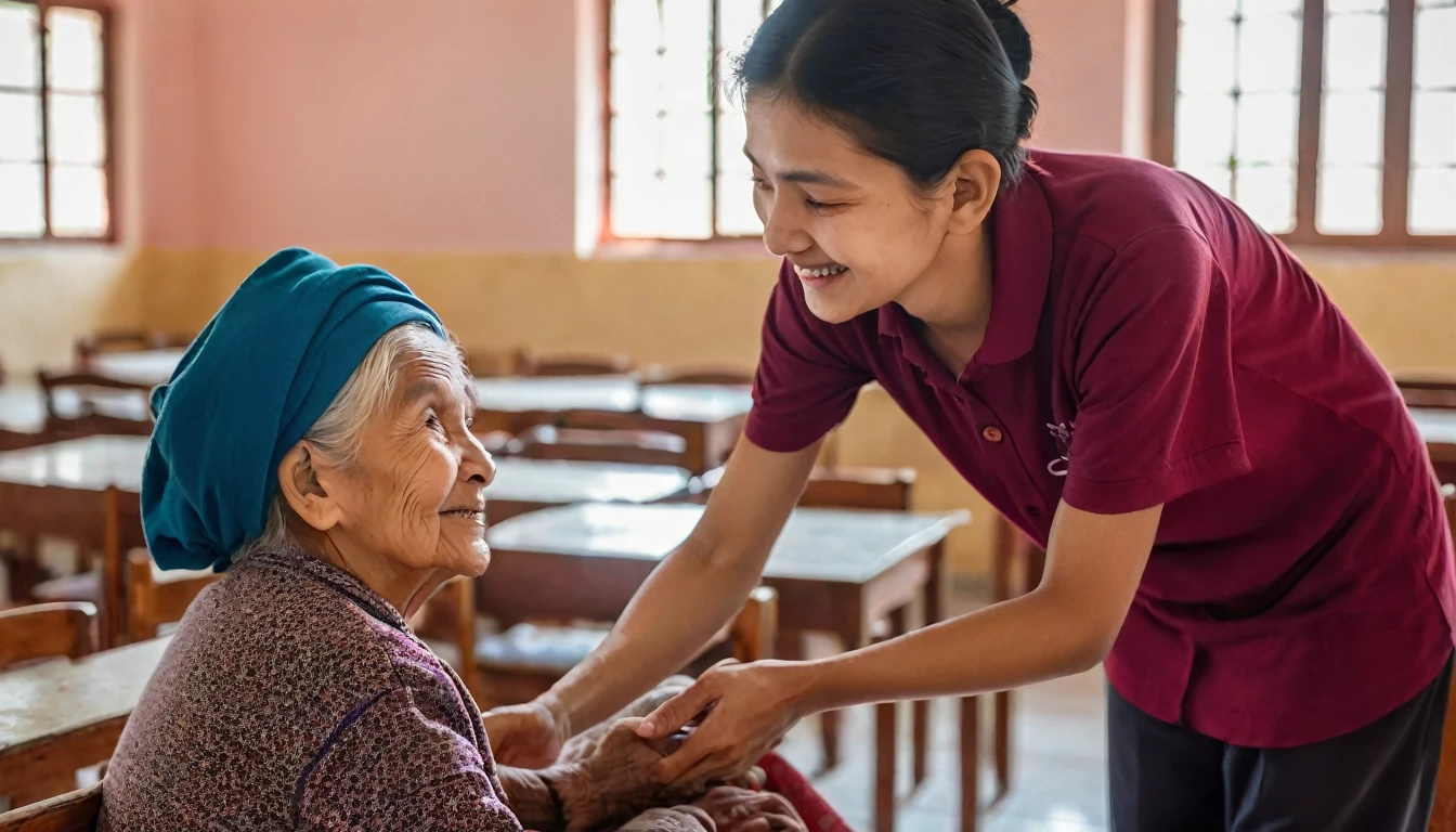 A young man is caring for an old woman, serving her full of compassion in an orphanage for the elderly, the background is blurry