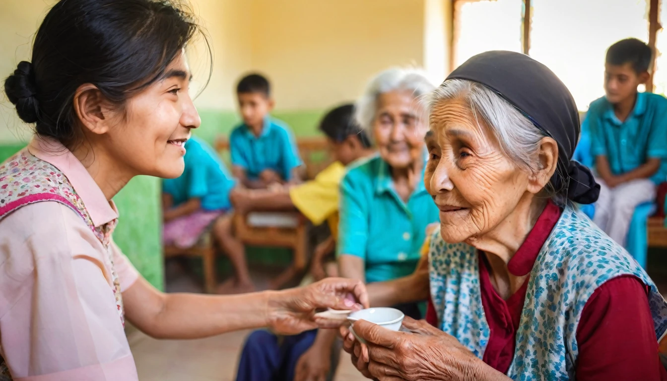 A young man is caring for an old woman, serving her full of compassion in an orphanage for the elderly, the background is blurry