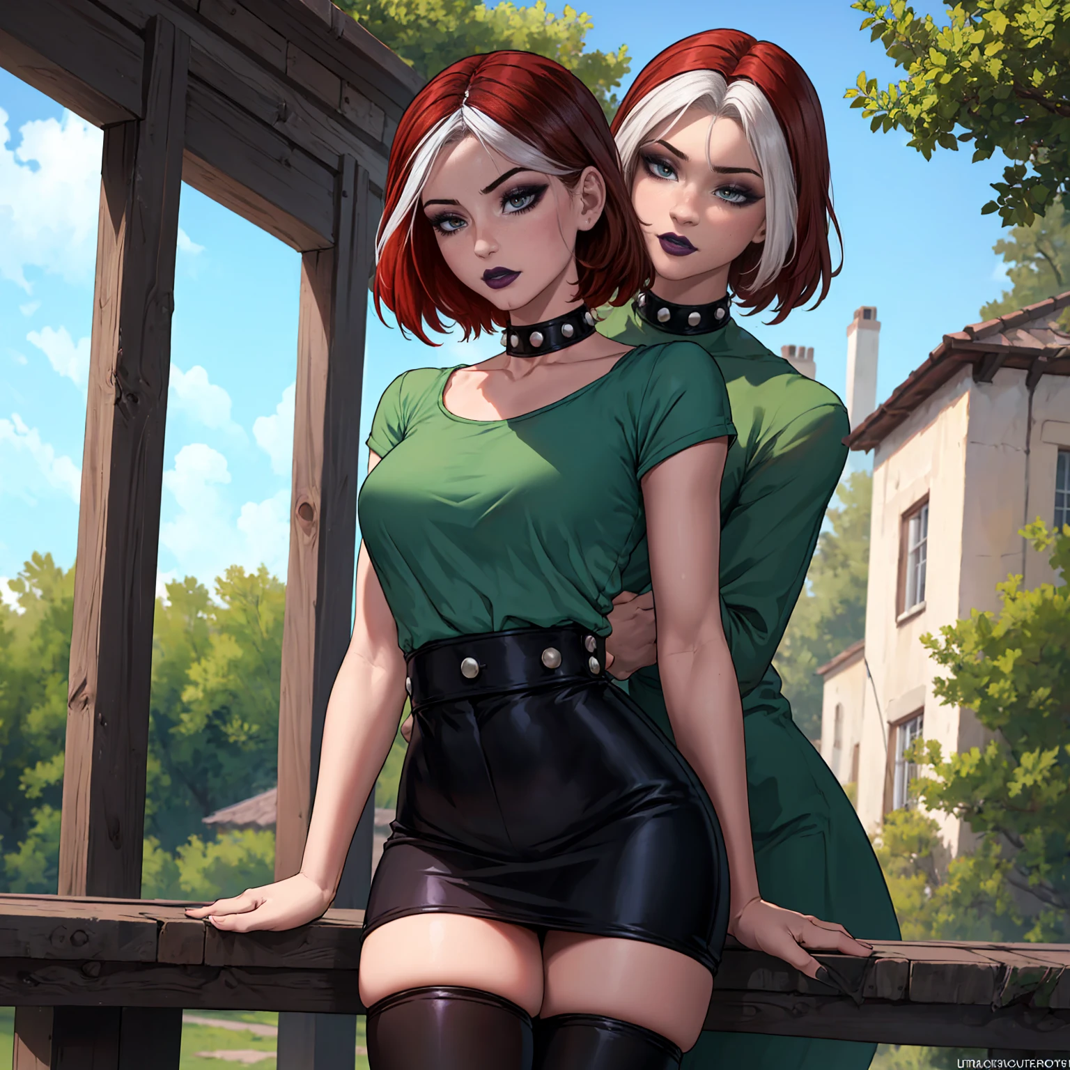 (work of art, best qualityer, ultra detali), 1 girl, RogueXME, two tone hair, (Red hair), whitebangs, greeneyes, purple makeup, Purple Lipstick, studded collar, medium breasts, green shirt, Black Skirt, mini-skirt, plein-air