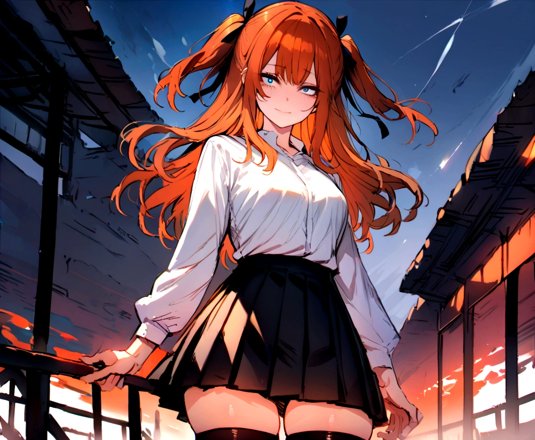 (masterpiece), best quality, expressive eyes, perfect face, 1girl, solo, blue eyes, dark orange Hair, Loose hair, hair ribbon, long hair, black ribbon, sidelocks, bangs two side up, smile, black skirt, black thigh-highs, long sleeves, miniskirt, pleated skirt, white blouse, thigh-highs,  looking at viewer,