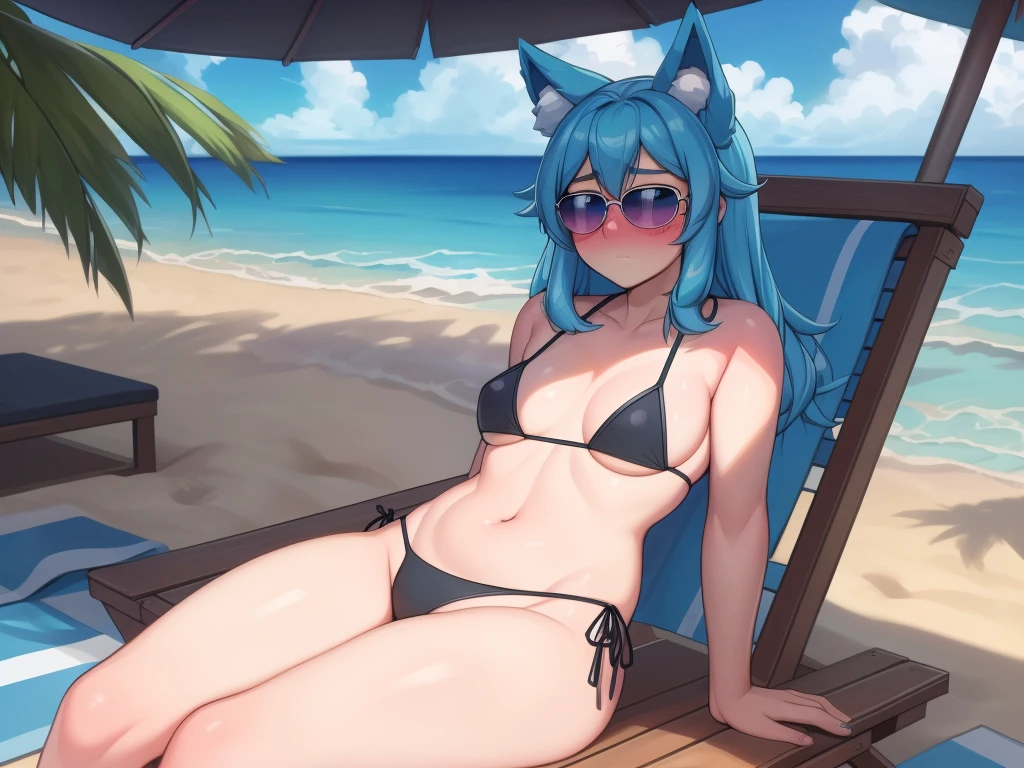 (Masterpiece) (High Detail) (High Res) A short little slim humanoid girl with pale human skin and blue eyes and long blue hair and blue dog ears and a fluffy blue dog tail and average breasts. She is sat in a deck chair on the beach and is wearing a black bikini top and black bikini bottoms and a pair of sunglasses. She has blushing cheeks and looks nervous.