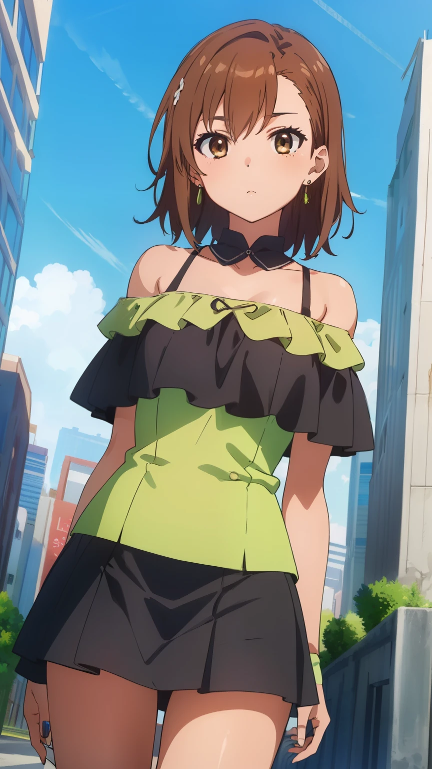 (masterpiece, best quality, 8k:1.2),Very detailed, (anime:1.1), misaka_mikoto, brown hair, medium hair, hairpin, medium breasts, 1girl, (lime green off-the-shoulder, miniskirt, earrings, city), dutch angle, looking at viewer,