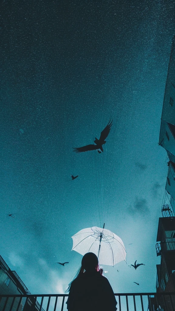 ((crane))、bird、Rainy Sky、1girl,from below