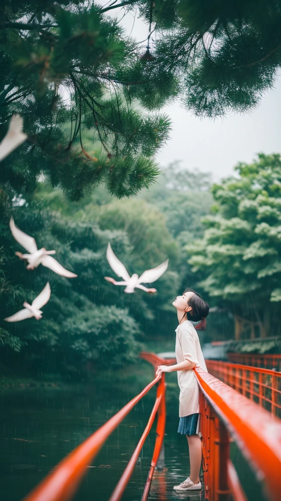 ((crane))、bird、Rainy Sky、1girl,from below