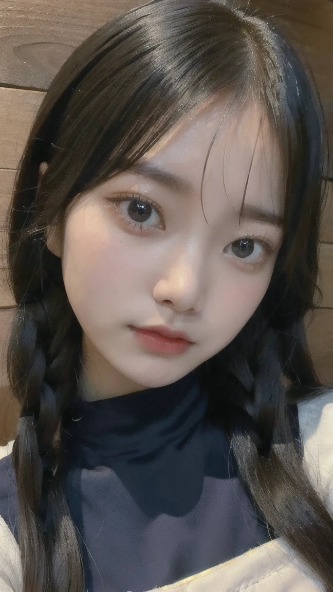 Portrait of a young East Asian girl in a navy blue and white sailor-style . She has long black hair styled in two braids, with straight bangs across her forehead. The girl has large, dark eyes and a small, delicate nose. Her expression is neutral, looking directly at the camera. The background shows a dark blue wooden wall with some green ivy or vine leaves visible to the side. The lighting is soft and natural, creating a slightly moody atmosphere. High-resolution image with sharp focus on the face