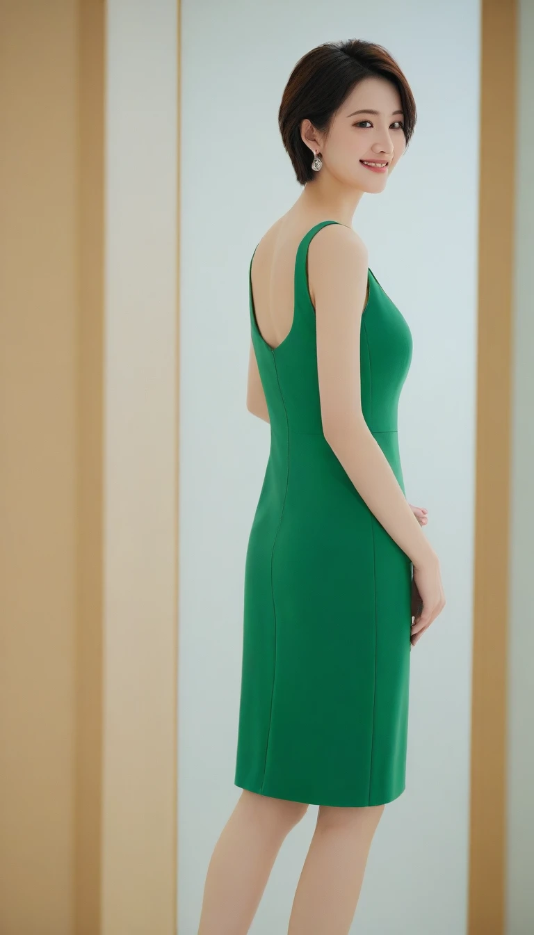 ((masterpiece))、((Highest quality))、photograph、reality、High resolution、Advanced Depth of Field、Super detailed、Realistic lighting、Office corridor、plan、Green Dress、Sleeveless、（walking towards us）、Dark Places、Orange light、short hair、Married women、30th generation、Delicate facial features、Realistic background and accessories、Large Breasts、No good、valley、Big Ass、Sensual smile、Serious expression、Waiting with documents in hand、Downward、