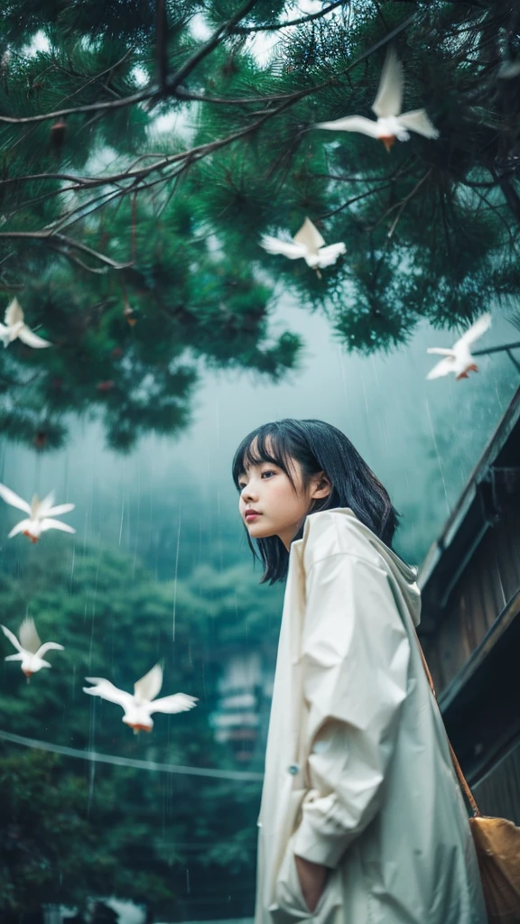 ((crane))、bird、Rainy Sky、1girl,from below