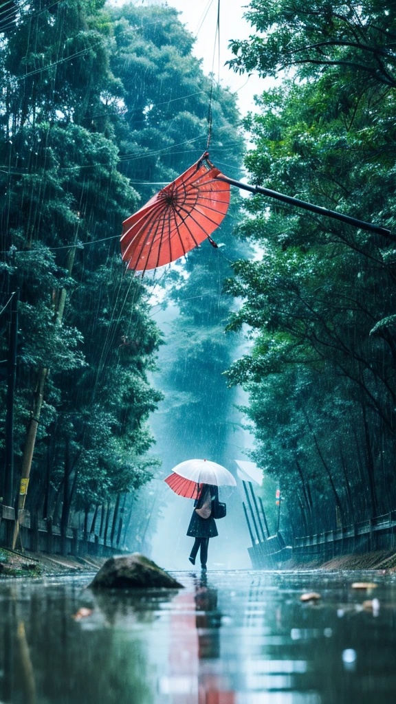 ((crane))、bird、Rainy Sky、1girl,from below
