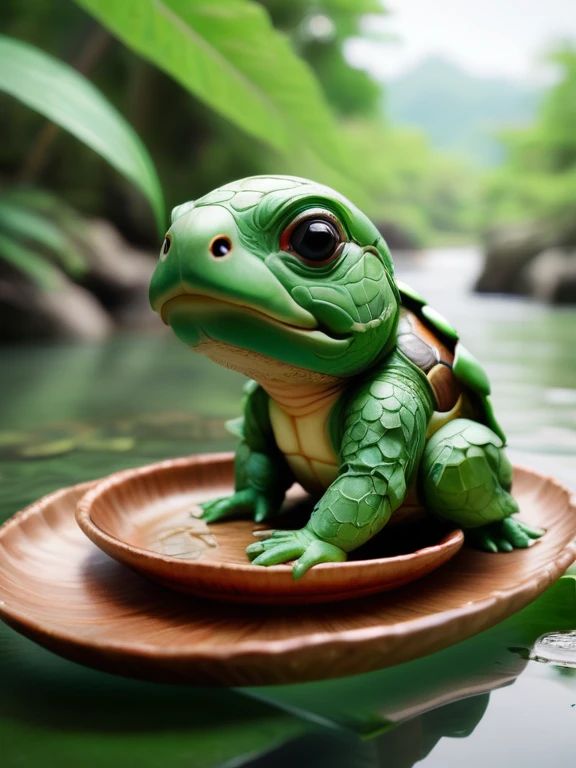 Please draw a realistic image of a kappa sitting by a river。Kappa have green skin、It has a turtle-like shell on its back。On top of its head is a small plate on top of a large leaf.、There is water there。The kappa's face has a slightly innocent look.、holding a small fish in hand。The background is the natural scenery of Japan.、The clear water of the river flows quietly。The kappa's appearance is realistic and detailed.、Make sure its unique features are clearly visible。