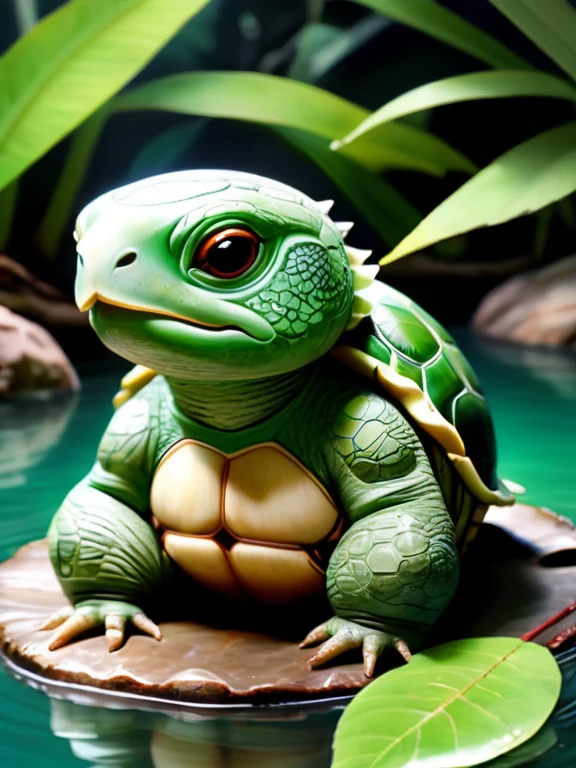 Please draw a realistic image of a kappa sitting by a river。Kappa have green skin、It has a turtle-like shell on its back。On top of its head is a small plate on top of a large leaf.、There is water there。The kappa's face has a slightly innocent look.、holding a small fish in hand。The background is the natural scenery of Japan.、The clear water of the river flows quietly。The kappa's appearance is realistic and detailed.、Make sure its unique features are clearly visible。