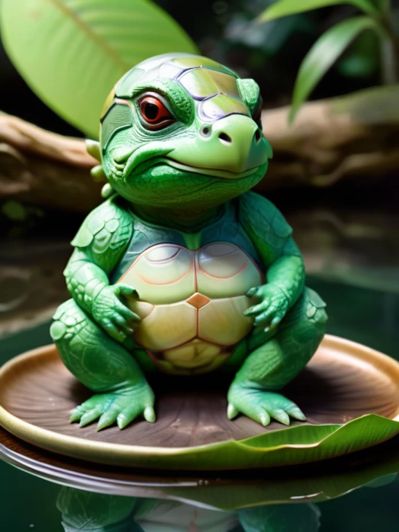 Please draw a realistic image of a kappa sitting by a river。Kappa have green skin、It has a turtle-like shell on its back。On top of its head is a small plate on top of a large leaf.、There is water there。The kappa's face has a slightly innocent look.、holding a small fish in hand。The background is the natural scenery of Japan.、The clear water of the river flows quietly。The kappa's appearance is realistic and detailed.、Make sure its unique features are clearly visible。