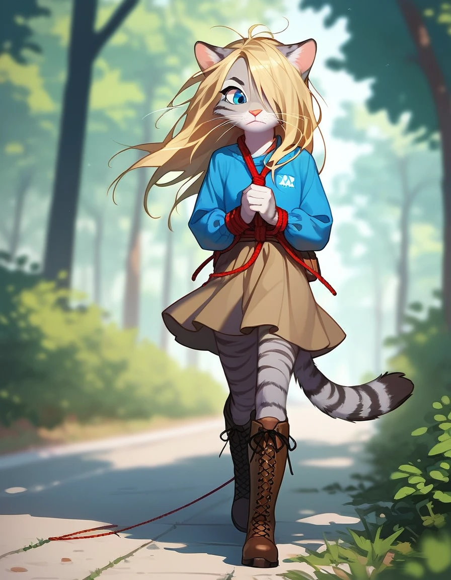Solo, score_9,score_8_up,score_7_up, source_cartoon, kat, Anthro furry feline, female, short slender body, long blonde hair, long messy hair, hair covering one eye, pink nose, blue eyes, white whiskers, silver fur, grey stripes, furry body, short, young, about 6 months years old, wearing ruffled blue blouse, brown skirt, looking down, furrowed eyebrows, brown boots, nighttime, walking, hands tied together, hands restrained by ropes, side view, a rope tied to her wrists, walking down a nature path, outdoors, soldiers in the background