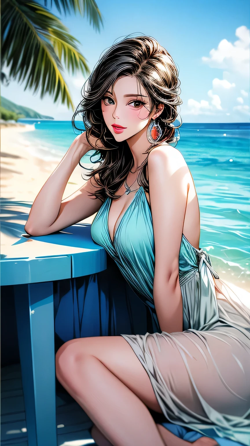(Best lighting, Best Shadow, masterpiece, high quality), colorful, Vibrant, Summer mood, lots of bright colors, Beautiful woman in light summer clothes, Hair loss, Sit on the clear water and white sand, Bright blue sky. masterpiece, 最high quality, high quality, High resolution, sexly,