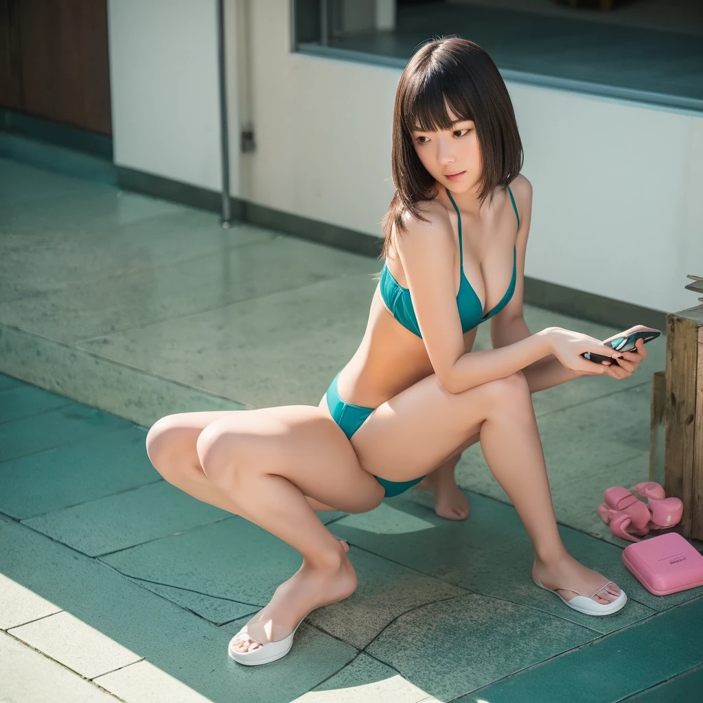 There is a woman in a bikini sitting on the floor with a cell phone, guweiz masterpiece, Guweiz, she is holding a smartphone, the anime girl is squatting, artwork in the style of guweiz, text and a pale young woman, smartphone, checking her phone, various poses, goddess checking her phone, checking her cell phone