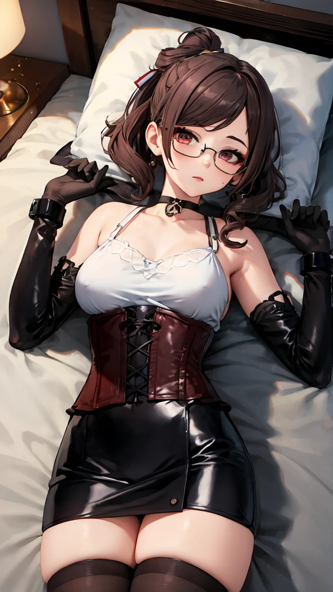 1 girl, Chiori \(genshin impact\), Alone, lying down, View from above, choker:1.6, White long sleeve shirt with long sleeve collar, black leather corset, black gloves that cover your hands, shiny black tight mini skirt, shackles, glasses, looking at the viewer,, inside, depth of field, expressionless, alley, at night