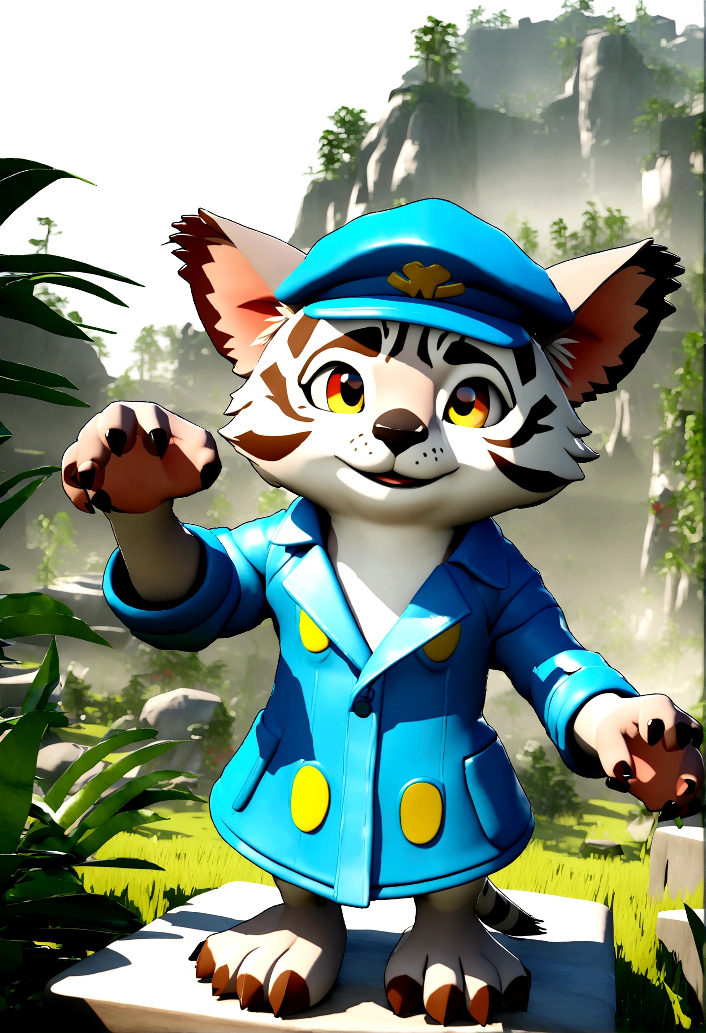 Calango 3d with blue cap and blue coat., White and gray fur, zootopia style, Transparent background