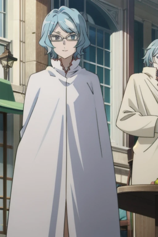 tall body, tall, long legs, mature female, mature, adult, eft_danmachi_blue, glasses, 1girl, female focus, solo, looking at viewer, blue hair, blue eyes, grey hair, parody, short hair, white cape, closed mouth, expressionless, anime coloring, smile, 