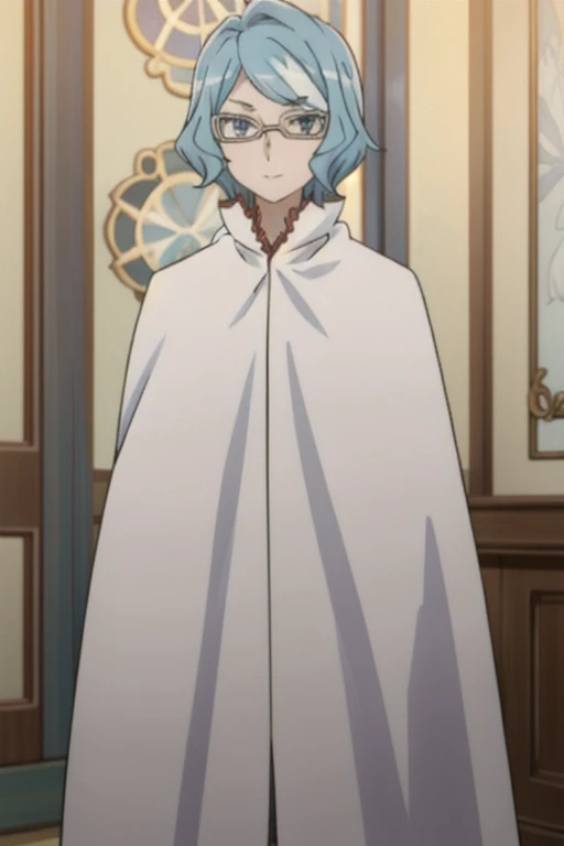 tall body, tall, long legs, mature female, mature, adult, eft_danmachi_blue, glasses, 1girl, female focus, solo, looking at viewer, blue hair, blue eyes, grey hair, parody, short hair, white cape, closed mouth, expressionless, anime coloring, smile,