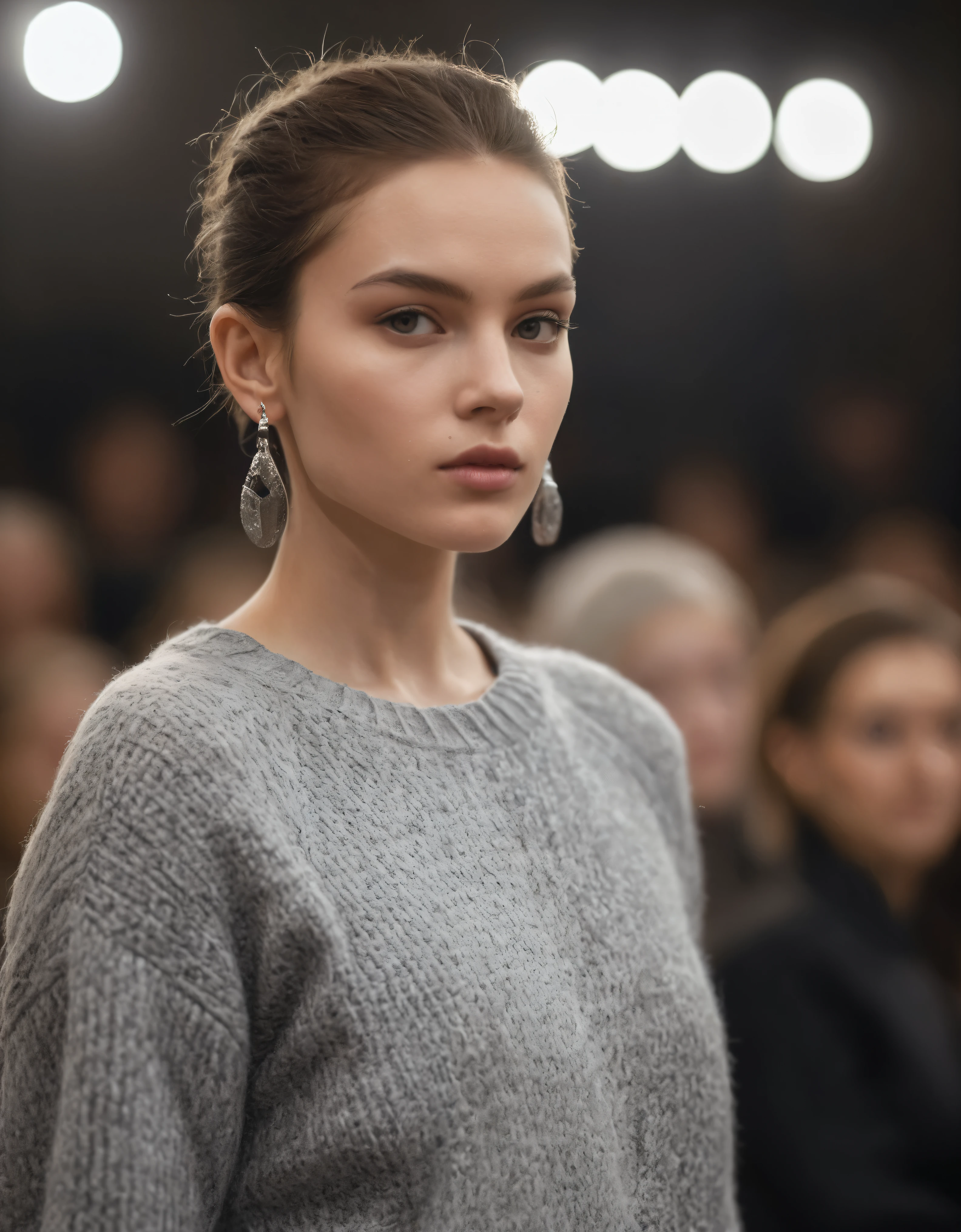 A photo of one (fashion catwalk model:1.3), (gray knit sweater:1.2), amidst a blur of audience, (fierce gaze:1.1), striking posture, high fashion atmosphere, reflective textures, minimalist earrings, (confidence on the catwalk:1.1), (soft natural makeup:1.1), subtle spotlight, Nikon Z 9, 1/0s, f/2.8, ISO 100, (Sharp focus in the foreground:1.2), nblurry background, Captura RAW, monochromatic color scheme with a hint of skin tone, professional fashion photography