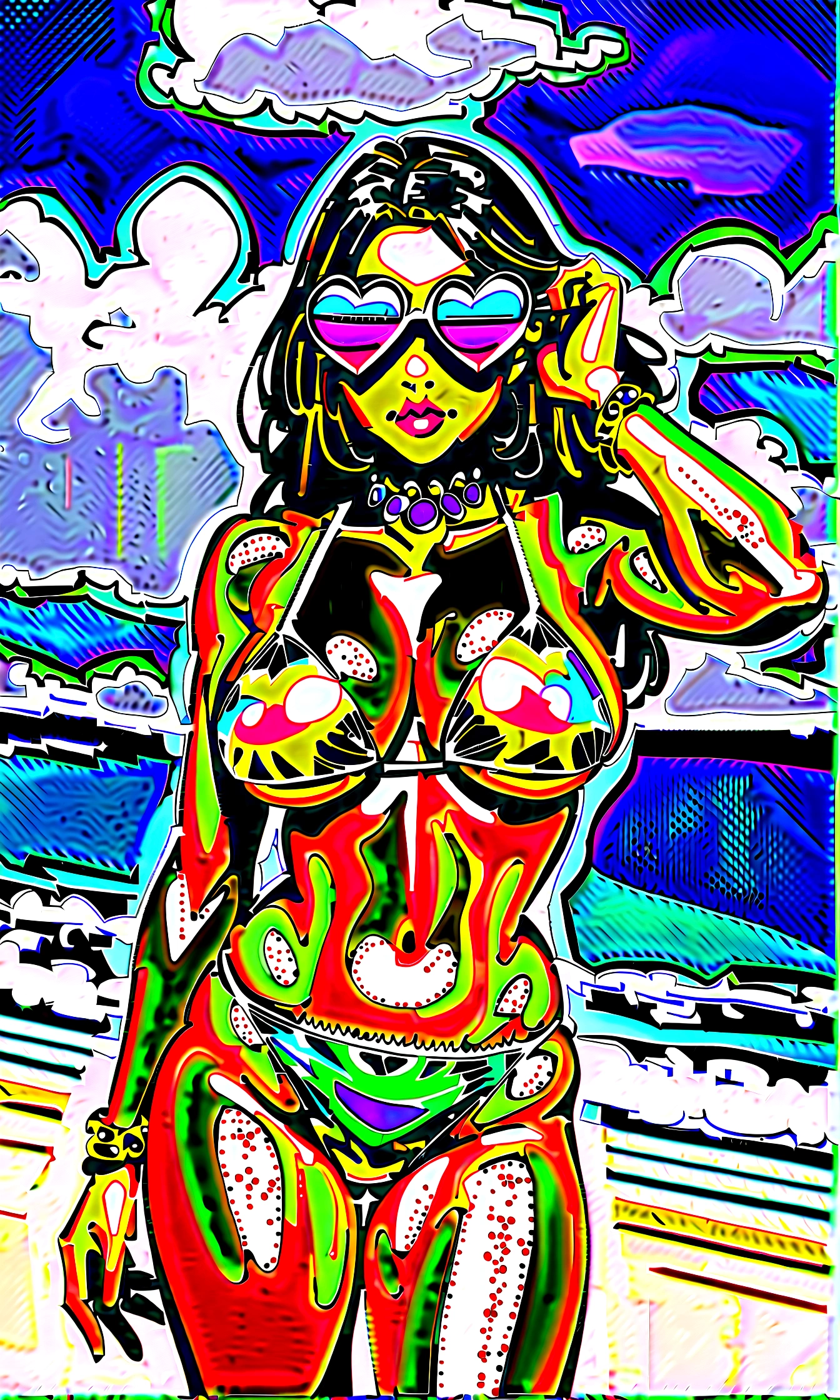 Brazilian beach babe, (busty), ((bimbo)), ((slutty)), ((perfect)), tan, (Brazilian), ((Brazilian appearance)), (Brazilian body shape), glossy eyes, ((beautiful)), raunchy, confident expression, ((hyper sexualized)), hourglass body, (sexy), from the front, (feminine), creative colorful frilly thong bikini, sexy big flower sunglasses, choker, rolex watch, bracelet, luscious wet hair, voluptuous juicy round , underboob, voluptuous round ass, shapely well built glutes, underbutt, sexy hips, full shapely body, ((curvy)), vibrant aura, smooth shiny skin, sexy lighting, Brazilian beach background, sunny, cloudy, gorgeous beach, detailed vivid beach background, smooth clean lines, ultra textured, ultra detailed, highest resolution, maximum quality, perfect, max detail, vivid colors, max texture, energetic composition, dramatic lighting, crystal clear, depth perspective, high contrast, seamlessly blended, photorealistic rendering, chromatic aberration, subpixel precision, bokeh effect depth art, anamorphic perspective, hdr high dynamic range, spectral color graded, photometric lighting, lush visceral textures, motion lines
