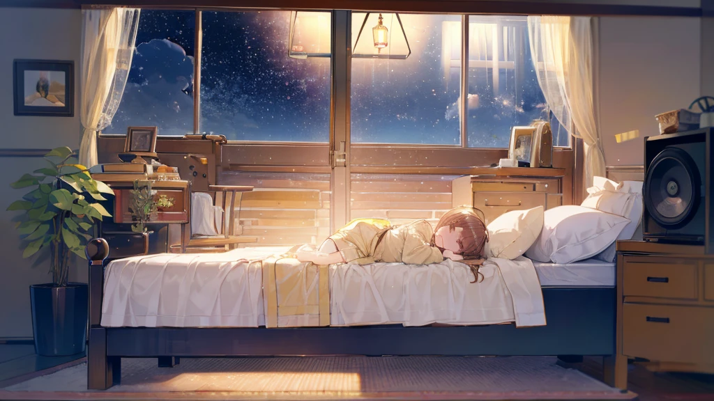 
In a cozy space converted into a camper，A comfortable bed takes center stage。The bed is covered with a soft quilt，Makes you want to lie down and rest。There is a large window near the bed.，You can see the night view outside through the window。Twinkling stars dot the deep blue sky，The scene is very peaceful。

Several warm lights softly illuminate the interior of the car，Create a warm and cozy atmosphere。There was a cup of freshly brewed coffee on a small table next to the bed.，The aroma of coffee fills the air。There is also a small speaker next to the table.，Playing soft music。

A cute lazy kitten lying quietly on the bed，Admiring the night view outside through the window。Next to it is a soft quilt and a comfortable pillow，The whole picture looks particularly peaceful and beautiful。Every detail in the camper is full of the breath of life，Makes you feel extremely relaxed and happy
