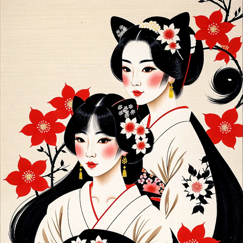 Geisha Japanese cat Sexy Sensual Beautiful Japanese flowers Japanese painting Drawing 