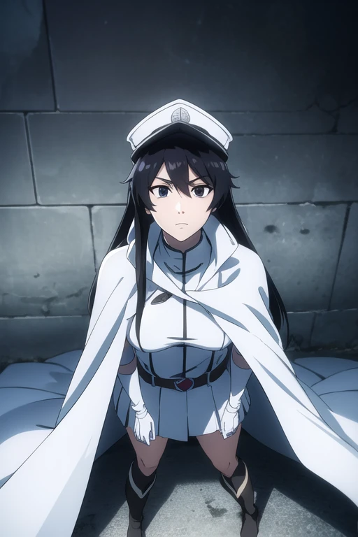 bambietta, bambietta basterbine, long hair, black hair, (black eyes:1.5), (medium breast:1.2),
BREAK skirt, gloves, boots, belt, cape, cloak, white cloak, hat, cap,
BREAK looking at viewer,
BREAK outdoors,
BREAK (masterpiece:1.2), best quality, high resolution, unity 8k wallpaper, (illustration:0.8), (beautiful detailed eyes:1.6), extremely detailed face, perfect lighting, extremely detailed CG, (perfect hands, perfect anatomy),