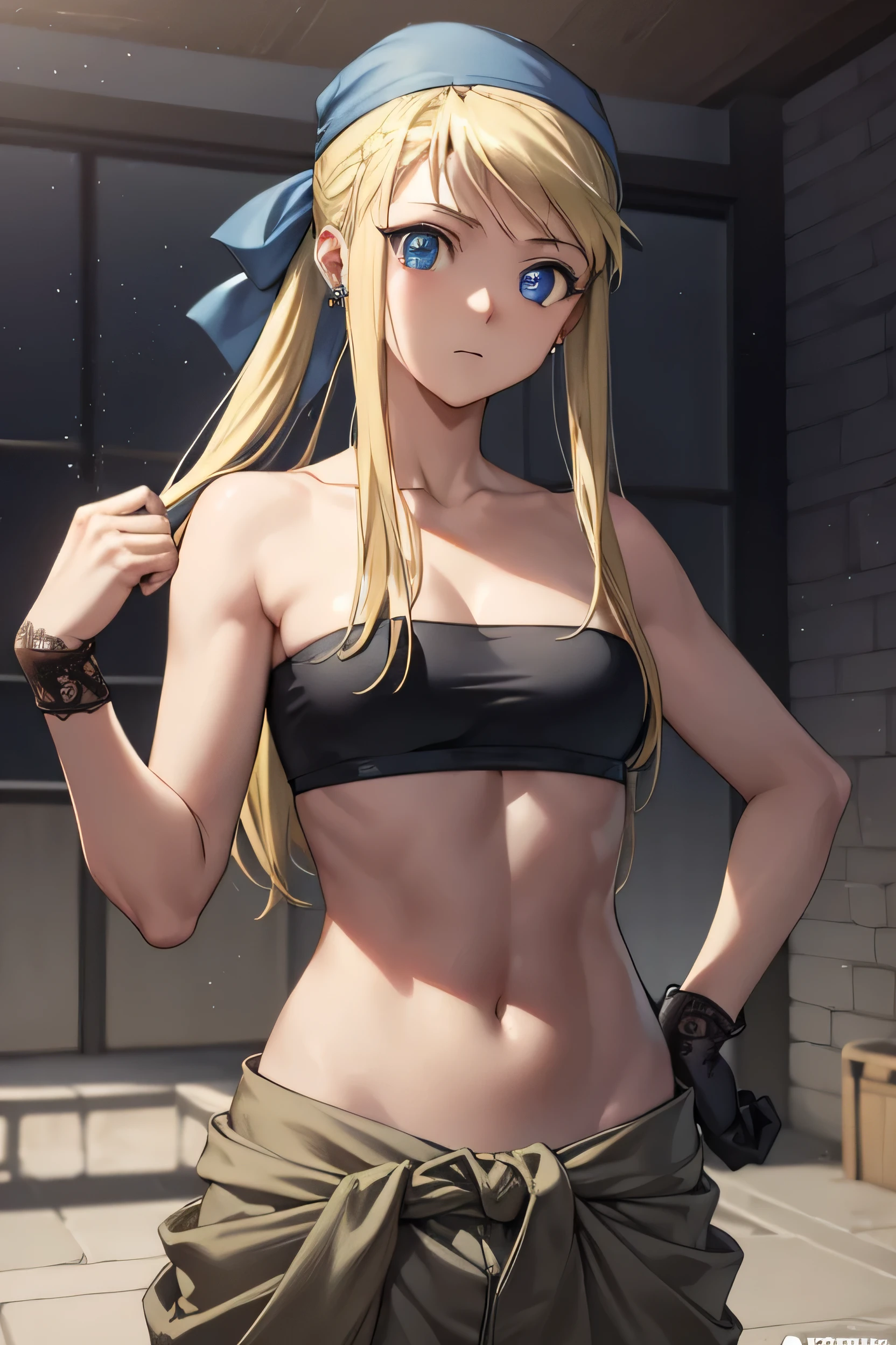 winryrockbell、winry rockbell、blue eyes、Blonde Hair、BREAK Bags、belly button、Cleavage、Bare shoulders、clavicle、Earrings、abdomen、pants、stomach、Bare arms、Strapless、bandana、headband、Tube top、Grey gloves、BREAK Inside、Break Look at the viewers、BREAK 、(masterpiece: 1.2)、Highest quality、High resolution、unity 8k wallpaper、(An illustration: 0.8)、(Beautiful detailed eyes: 1.6)、Highly detailed face、Perfect lighting、Highly detailed CG、(Perfect hands、Perfect Anatomy)、
