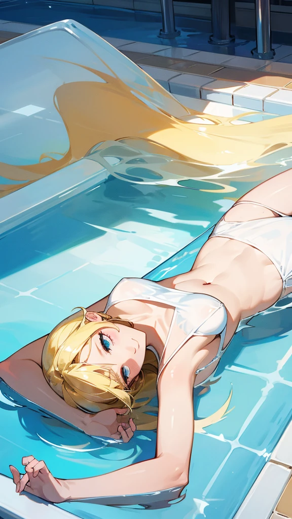 beautiful blonde woman lying on the pool in white transparent bikini
