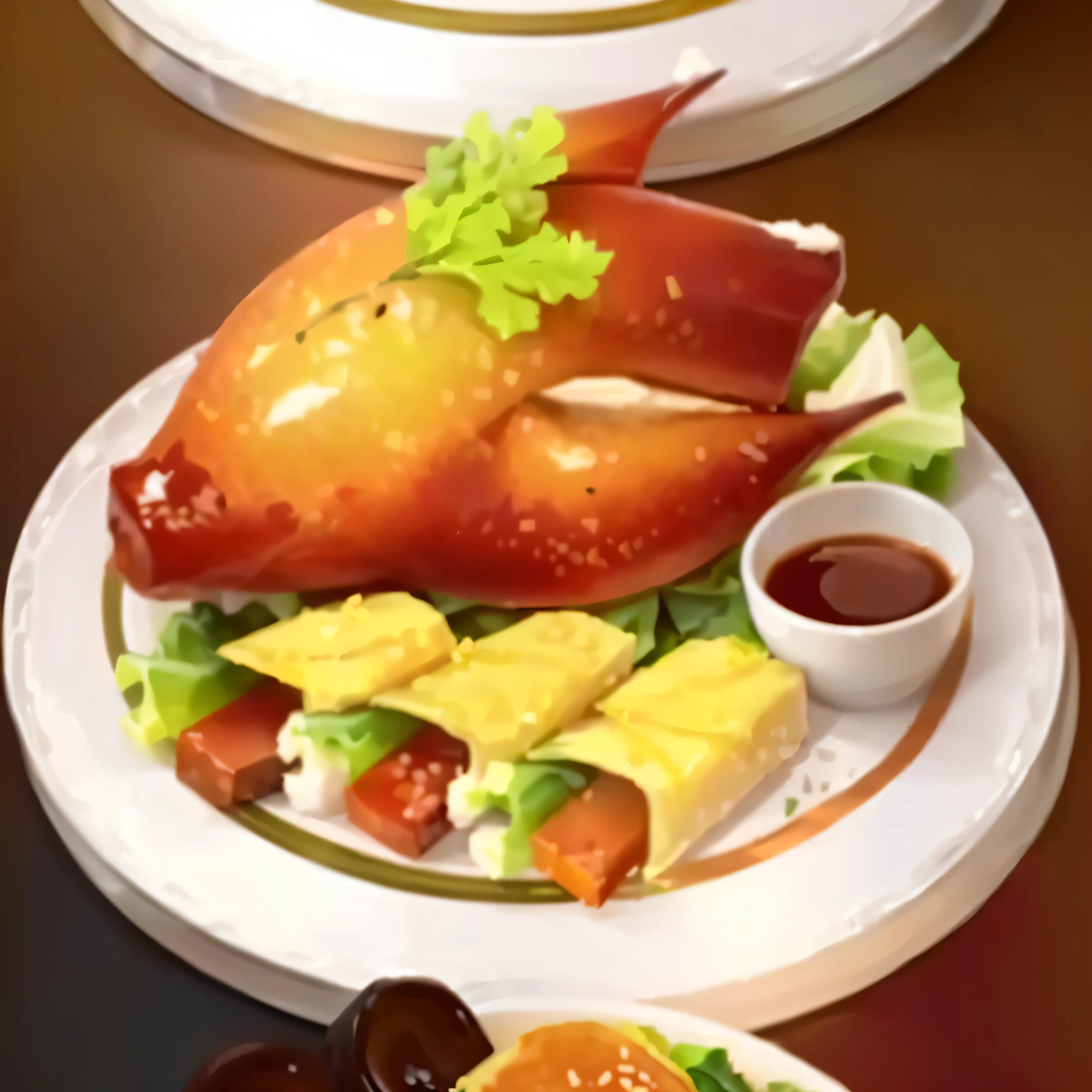 There are three plates of food and sauces on the table, surreal的食物图片, Amazing food illustrations, gourmet cooking, delicious food, Fantasy food, food, food 4k, Fantasy food world, ready to eat, mouth watering, Perfect details, best chef, 2 d cg, ( surreal, delicious, Food Stylist, game illustration, cooked