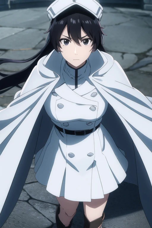 bambietta, bambietta basterbine, long hair, black hair, (black eyes:1.5), (medium breast:1.2),
BREAK skirt, gloves, boots, belt, cape, cloak, white cloak, hat, cap,
BREAK looking at viewer,
BREAK outdoors,
BREAK (masterpiece:1.2), best quality, high resolution, unity 8k wallpaper, (illustration:0.8), (beautiful detailed eyes:1.6), extremely detailed face, perfect lighting, extremely detailed CG, (perfect hands, perfect anatomy),