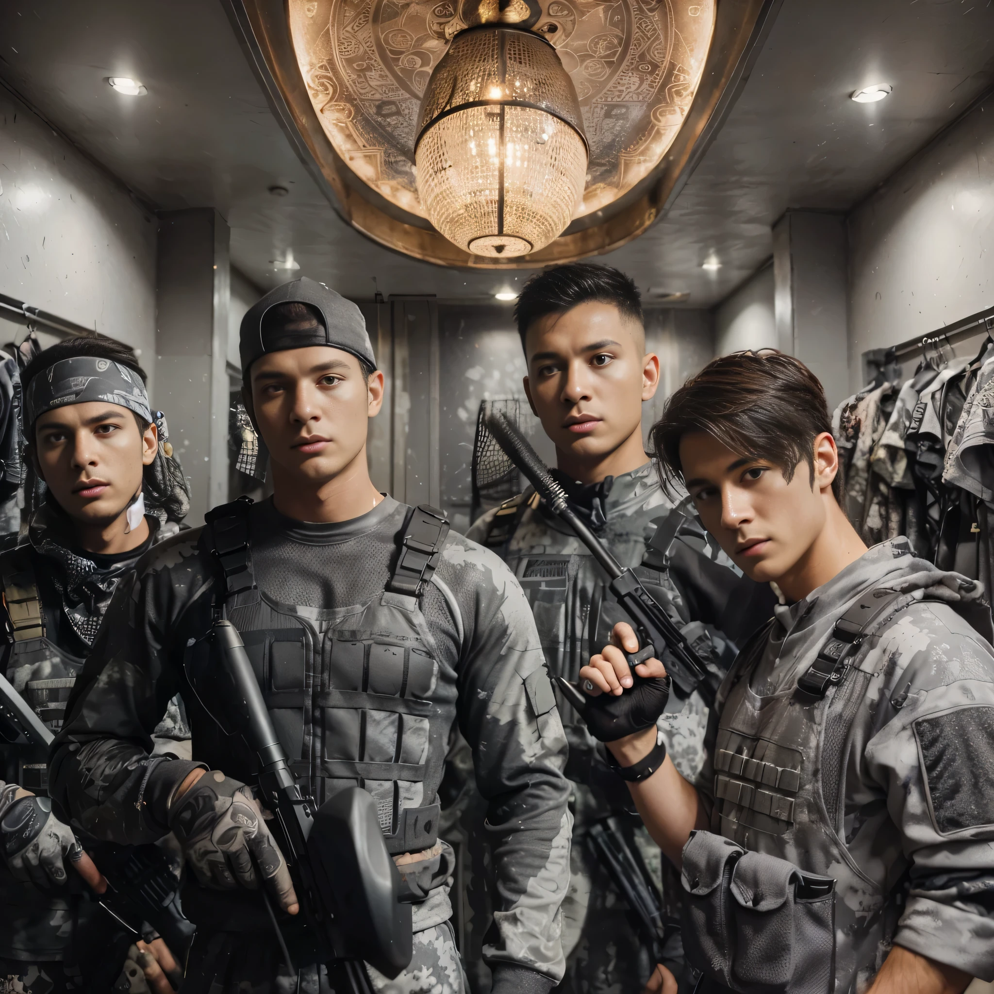 4 men paintball team, blurry background in the locker room, painted paintball costumes decorated in gray, realistic, cinematic, highly detailed, intricate design
