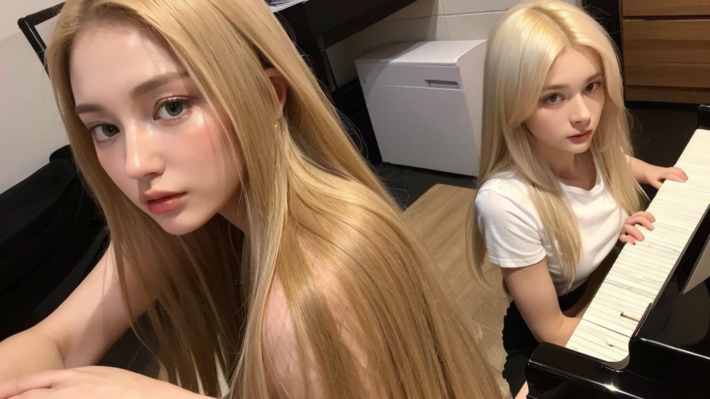 playing piano((best quality, 8k, masterpiece: 1.3)), ((beautiful russian woman)), 1 female, small breasts: 1.3, slim figure: 1.1, toned abs, Blonde semi-long hair, (office, Transparent T-shirt), Super detailed face, Detailed lips, delicate eyes, double eyelids, Realistic photo