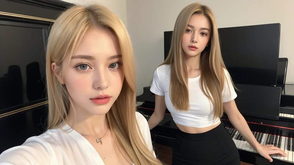 playing piano((best quality, 8k, masterpiece: 1.3)), ((beautiful russian woman)), 1 female, small breasts: 1.3, slim figure: 1.1, toned abs, Blonde semi-long hair, (office, Transparent T-shirt), Super detailed face, Detailed lips, delicate eyes, double eyelids, Realistic photo
