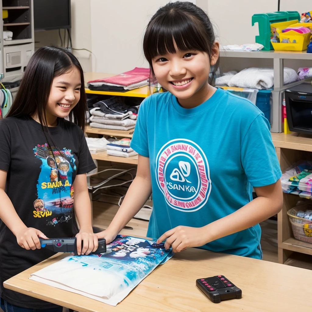 generate a beautiful chubby indonesian girl, wearing T-shirt screen printing a PlayStation stick on it, the girl is smiling happily. In front of the girl, you can see a two man's hand trying to hold the PlayStation stick in the picture on the T-shirt