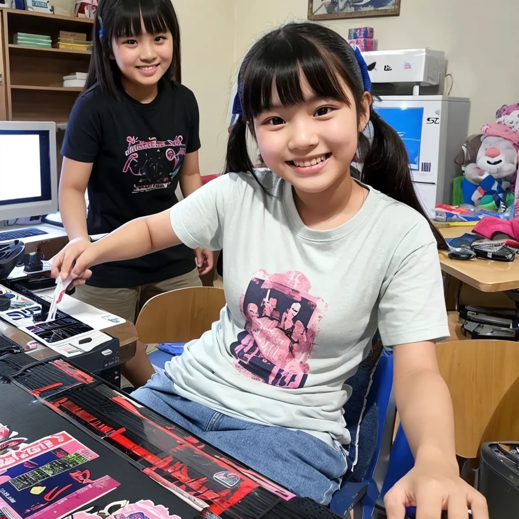 generate a beautiful chubby indonesian girl, wearing T-shirt screen printing a PlayStation stick on it, the girl is smiling happily. In front of the girl, you can see a two man's hand trying to hold the PlayStation stick in the picture on the T-shirt