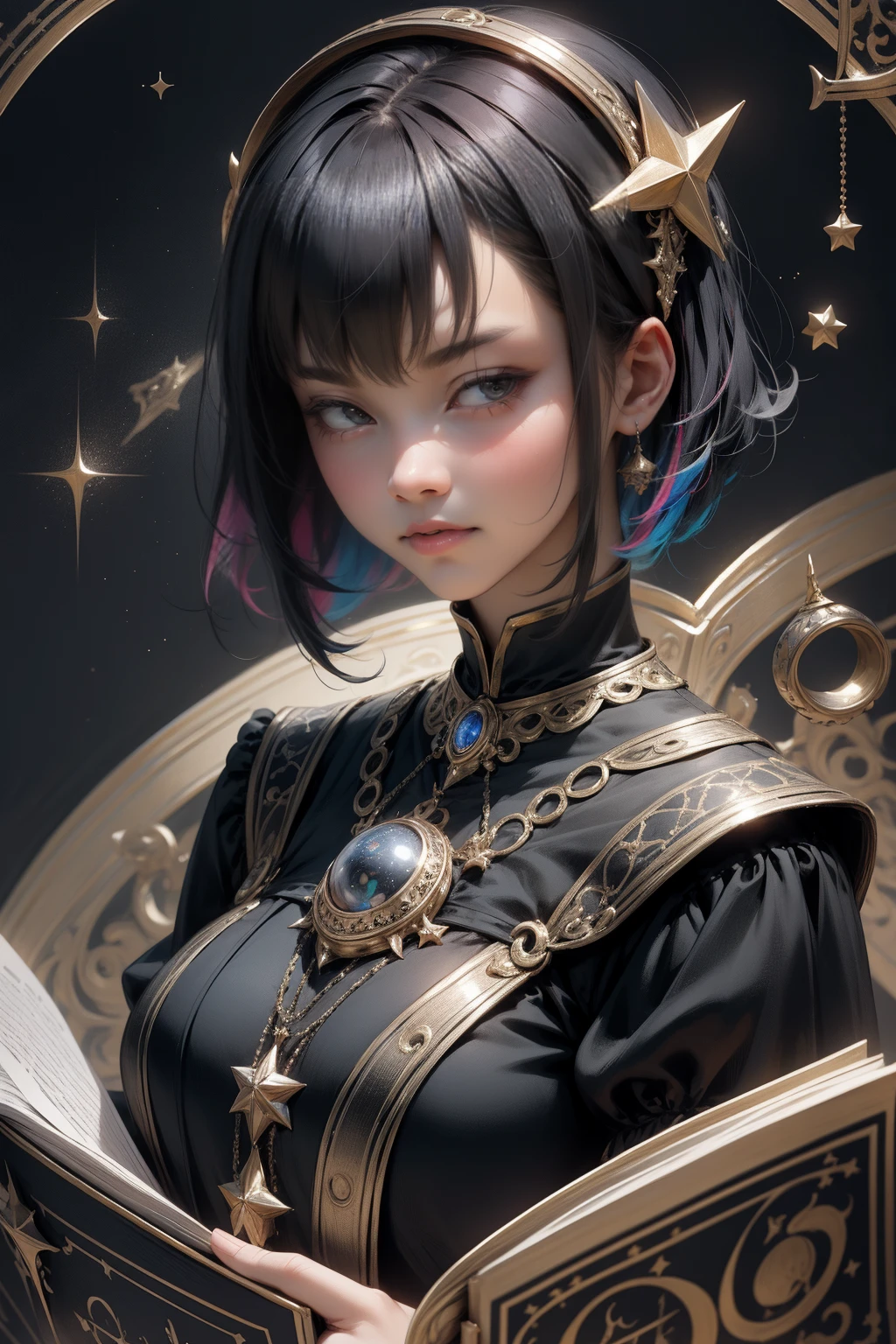 Highest quality, 16K, Unbelievably absurd, Very detailed, 2.5D, delicate and dynamic, , formal, Fortune Telling Hut, Gothic, candle, Astrology Books, Suspicious ornament, Star Chart, Thick book, Creepy Paintings, Gargoyle, A colorful celestial globe, Small face, Very delicate facial expressions, Delicate eye depiction, Upper body close-up, erotic, One sexy woman, Cool woman, black shortwavy hair, bangs, black bob cut, brown eyes, Healthy body shape, 35-year-old woman, Cool woman, Height: 170cm, huge bouncing busts, astrologer, Horoscope, Tarot Cards, Suspicious look, A complex magician's outfit, Magician's outfit in chic colors, garter belt, Fishnet tights, Magician's Shoes, At the desk, Fortune telling, dark background, angry face