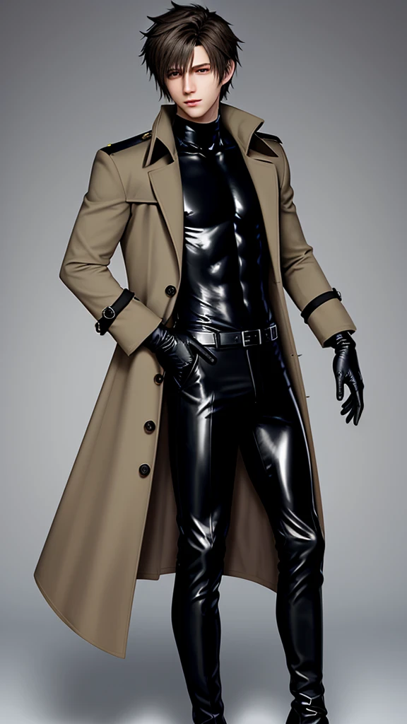 Final fantasy taste and reality graphics, Japanese young cute and cool ikemen boy, his age is early 20s, thin eyebrows and beady eyes, he wearing light brown color trench coat, with epaulet, , trench coat with belt on the waist, neck collar is black color fur, trench coat cloth the front, also wearing black thick turtleneck lackluster shirts, tight black leather pants, shiny black leather tight and thin glove, black leather knee-high raceup boots,must views head-to-toe,must views whole body, boy looks like fashion model,Do not show skin from the neck down,leather jacket leather glove and leather pants have few wrinkles,boy in the room,