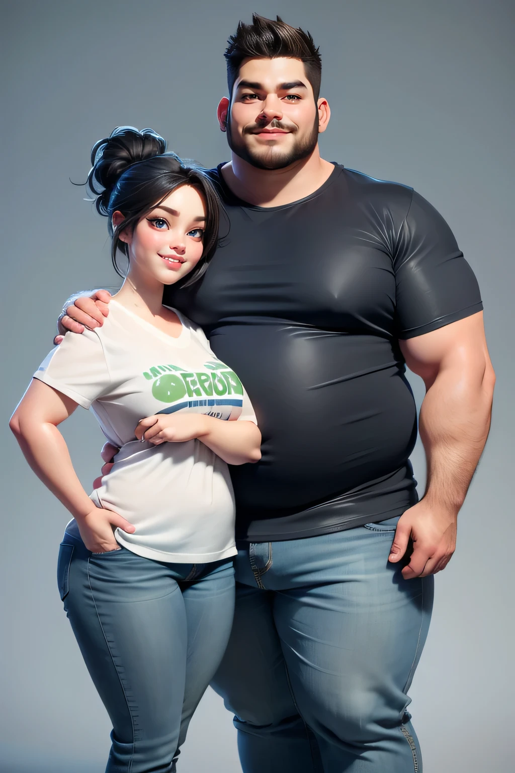 A couple,1 fat man (25yo) , , sexy pose, handsome face, random  hairstyle, , seductive smile, white casual t  shirt, short pants, A hyper realistic carricature ,photorealism,of a 1 skinny woman 25 yo.with random hair style,standing.wearing green casual shirt ,jeans ,light smile, high detail,3d render,high definition. .grey background