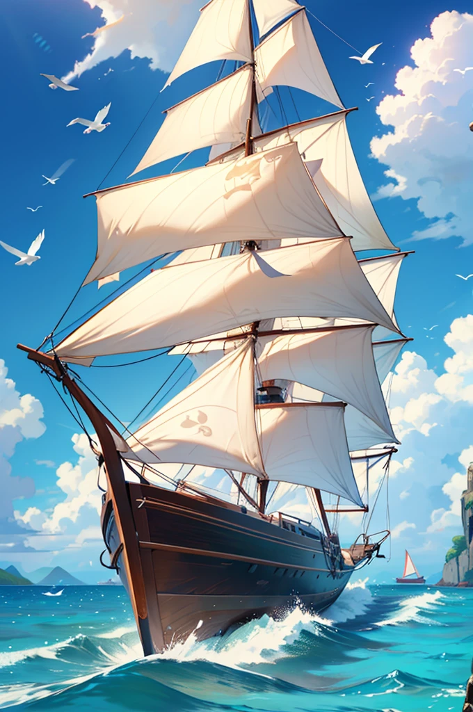 Create a vibrant 2D illustration of a group of tropical islands scattered across a vast, azure ocean. The islands should vary in size and shape, featuring lush greenery, sandy beaches, and occasional rocky outcrops. Include a classic wooden sailboat gently sailing in the clear, calm waters near the islands. The boat should have white sails catching the wind, with a visible mast and hull. The scene should be set under a bright, sunny sky with a few fluffy white clouds. Add some subtle details like birds flying in the sky and gentle waves around the boat and islands. The overall color palette should be bright and cheerful, evoking a sense of adventure and tranquility.