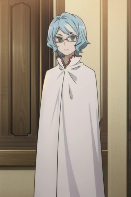tall body, tall, long legs, mature female, mature, adult, eft_danmachi_blue, glasses, 1girl, female focus, solo, looking at viewer, blue hair, blue eyes, grey hair, parody, short hair, white cape, closed mouth, expressionless, anime coloring, smile, 