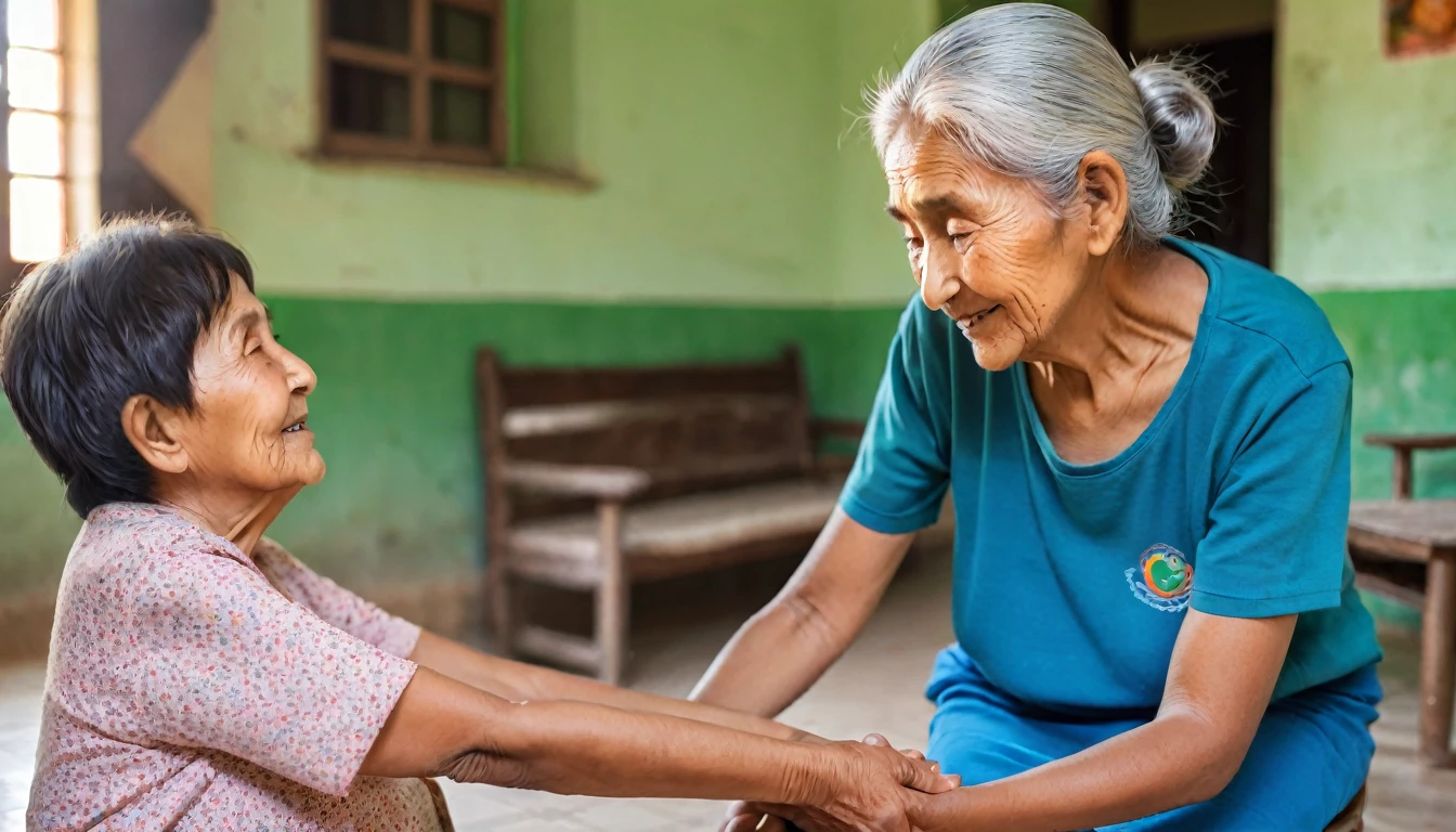 A young man is caring for an old woman, serving her full of compassion in an orphanage for the elderly, the background is blurry