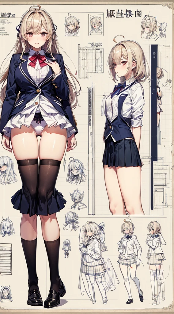 girl, alone, whole body, From head to toe, Are standing, (Huge_chest:1.3),

Character design sheet, Character Reference Sheet, 設計図のSchematic, Drafting, Blueprint, Schematic,
((Character design sheet:1.7, Character Reference Sheet:1.7,)),

anime/cartoon character wearing a girls , 1girl, alone, Thigh-high socks, blazer burezaa (blazer), Ahoge, Long Hair, bow, , shoes, loafers, ribbon, (Very short skirt:1.4), (:1.5),, (Good:1.7),(In underwear:1.7),nsfw,Full nudity、