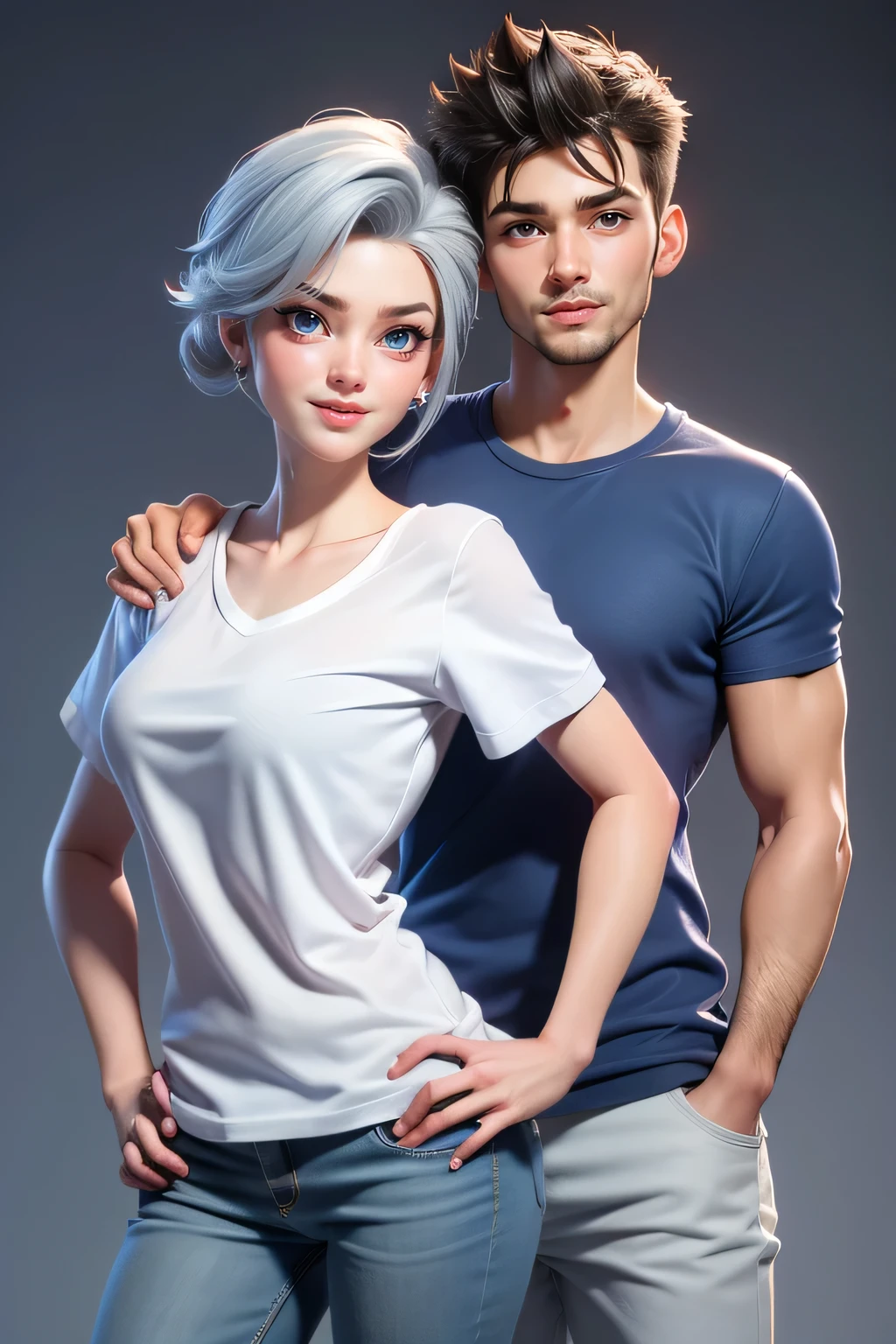 A couple,1  man (25yo) , , sexy pose, handsome face, random  hairstyle, , seductive smile, white casual t  shirt, short pants, A hyper realistic carricature ,photorealism,of a 1 skinny woman 25 yo.with random hair style,standing.wearing blue casual t shirt ,jeans ,light smile, high detail,3d render,high definition. .grey background