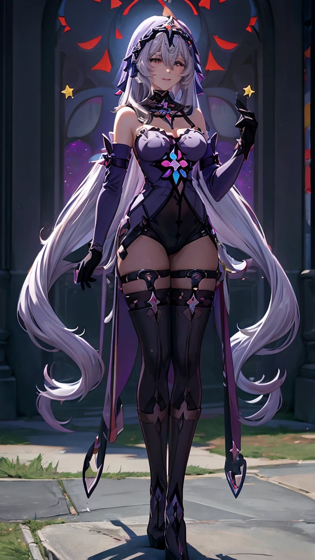 ((honkai: star rail)), ((anime)), ((realism)), ((2.5D)), ((gothic)) black swan, white hair, mishceavous smile, rosy cheeks, purple eyes, gradient yellow in eyes, tarot card, elbow gloves, church, purple veil, pantyhose, thigh boots, high heels