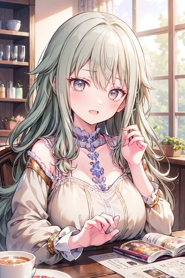 (Tabletop:1.2)、masterpiece、Best image quality、Front facing、Face the camera、Fluffy hair、Delicate eyes、A lovely big smile, 最high quality、Mature Girl、1 person、masterpiece, Most detailed, high quality、Shiny Hair、Very fine and beautiful bright eyes、nose blush、Very detailed, clear and beautiful face, Awards, (Anatomically correct)、Reach out
