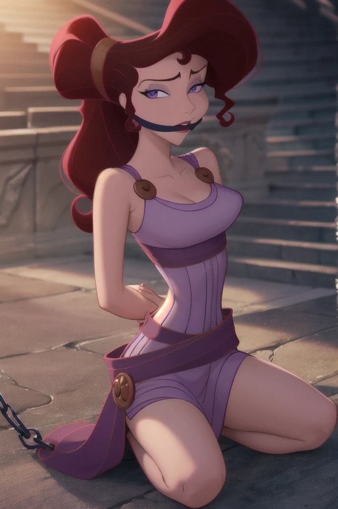 score_9,score_8_up,score_7_up,score_6_up, source_cartoon, BREAK, 1girl, disney, megara, brown hair, purple eyes, long purple dress, tied up with gray chains around her torso and waist, arms behind her back, gray OTM-gagged, kneeling down, looking apprehensively at viewer